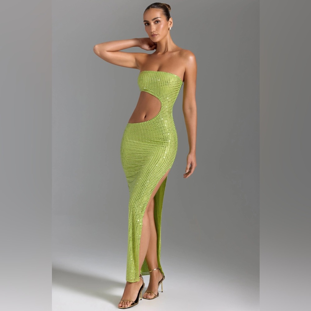 ALAMEA
Embellished Cut-Out Bandeau Maxi Dress in Pear Green